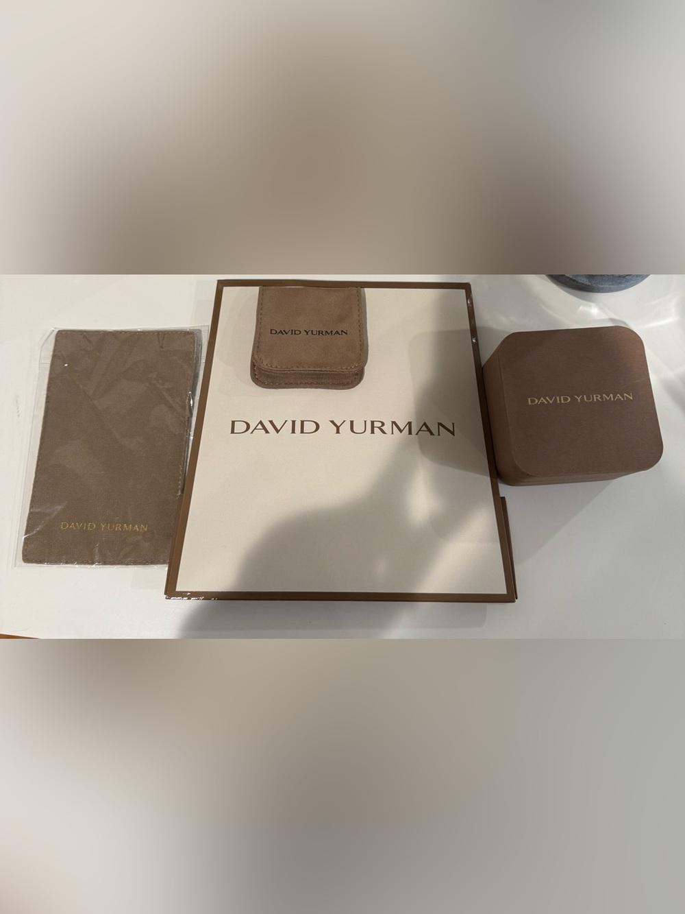 David Yurman Taupe Suede Jewelry Pouch, Cleaning Cloth, Bag, and Box